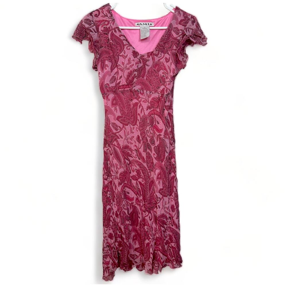 Pink Paisley Flutter Sleeve Rayon Midi Dress Women’s Medium